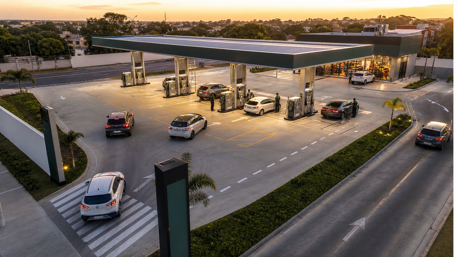 Visão ampla de um posto com veículos na entrada, espera, abastecimento, conveniência e saída