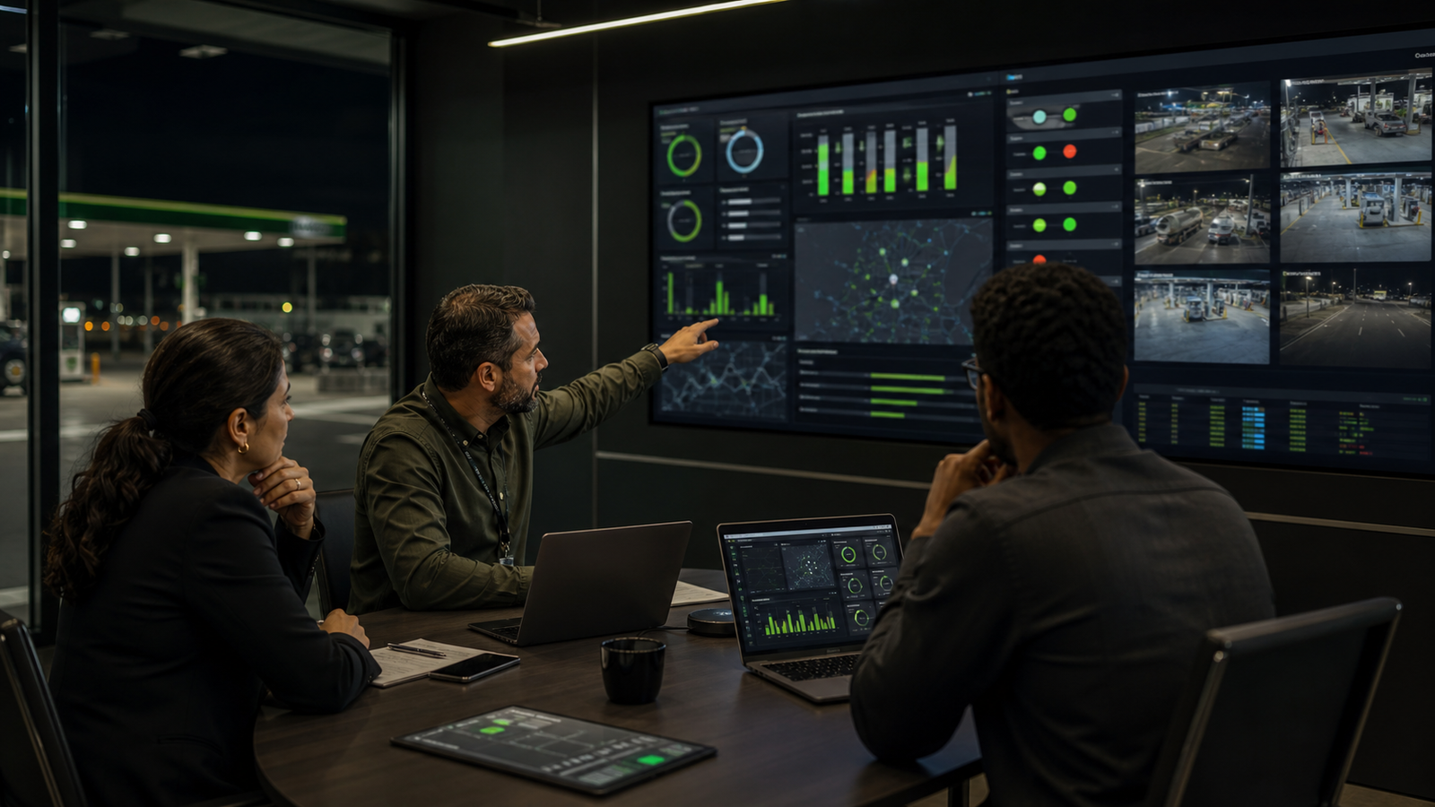 Gestores analisando indicadores consolidados de pista, tanques, segurança e disponibilidade de uma rede de postos